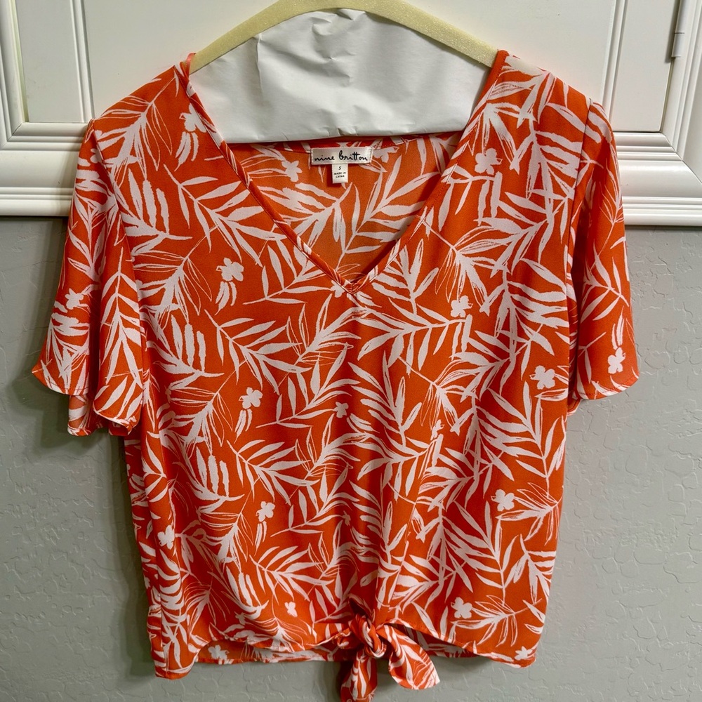 Nine Britton Orange White Relaxed Tie Front Blouse